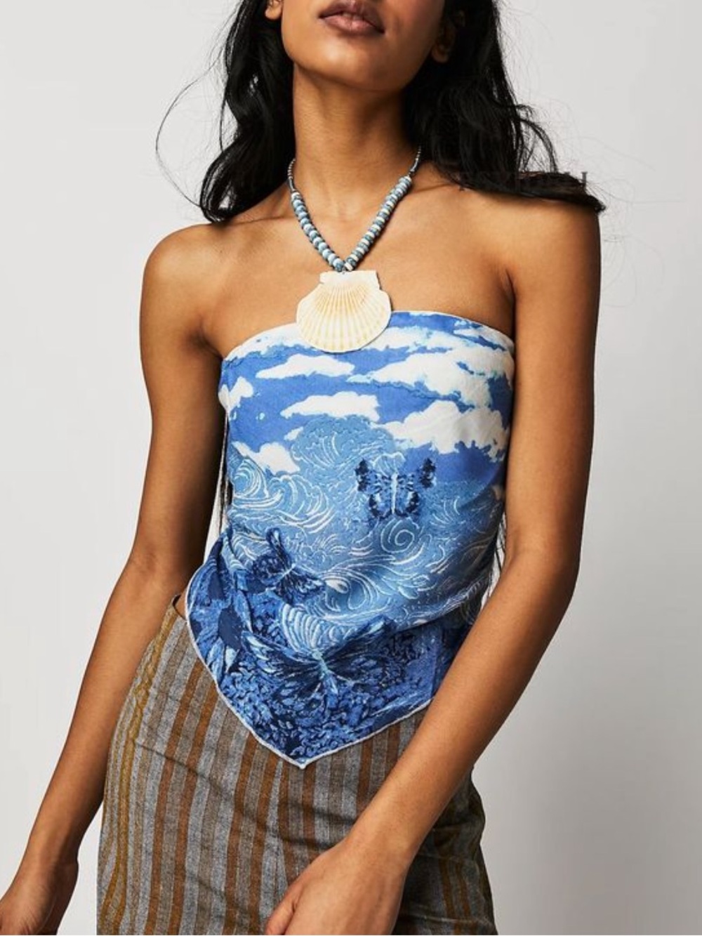 Free People Blue Scenic Strapless Bandana Top with Cloud and Wave Print